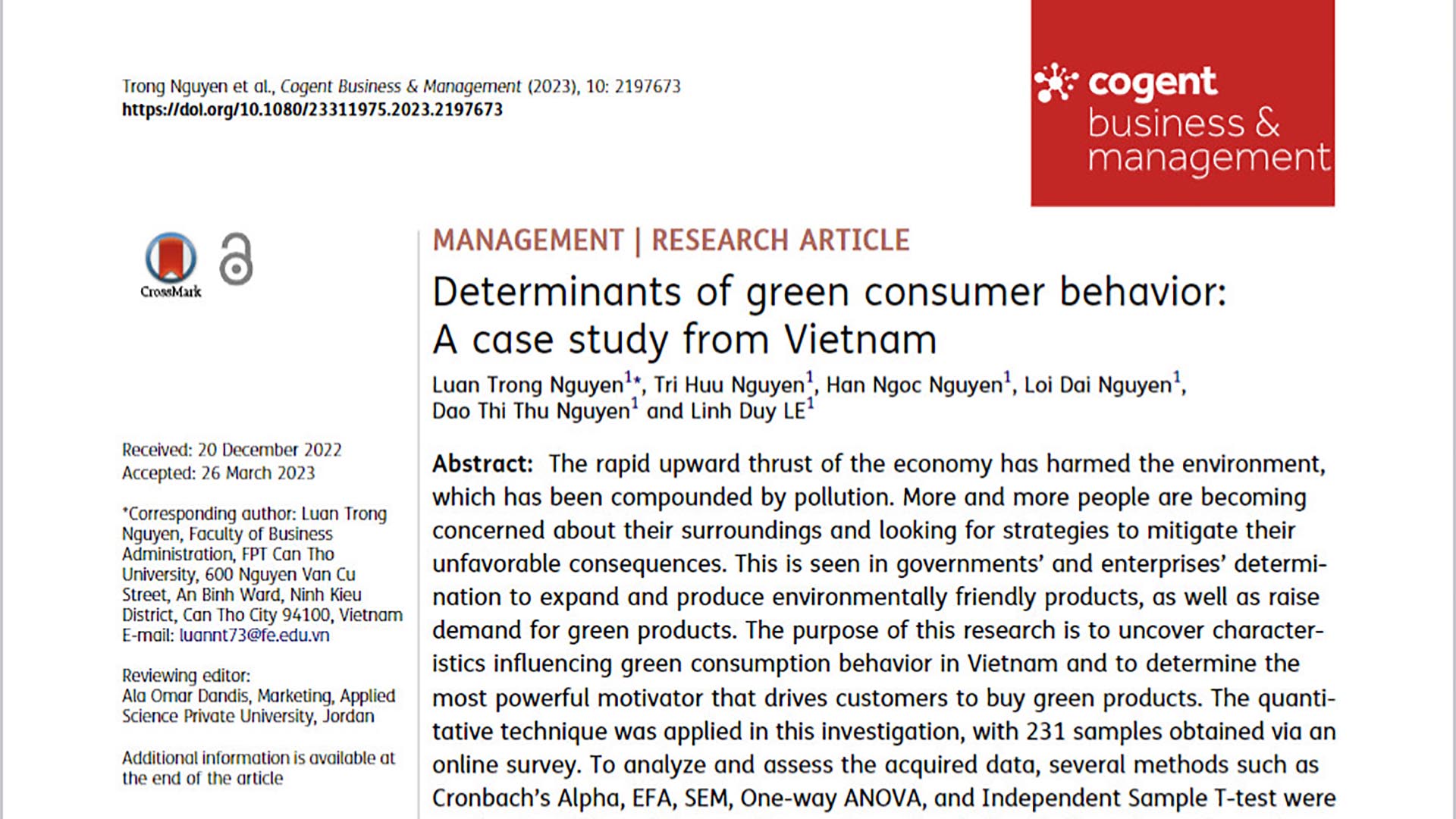 Sinh viên ĐH FPT Cần Thơ và bài báo nghiên cứu khoa học quốc tế về tiêu dùng xanh