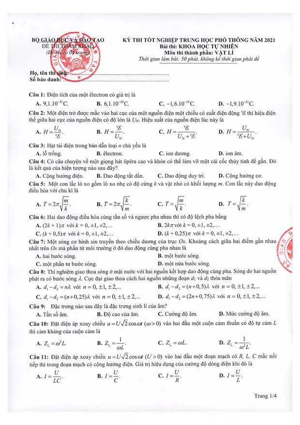 Đề thi minh họa THPT Quốc gia 2021 môn Vật lý - Ảnh 1.