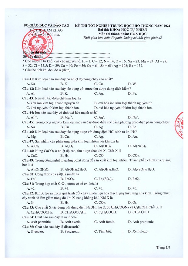 Đề thi minh họa THPT Quốc gia 2021 môn Hóa học - Ảnh 1.