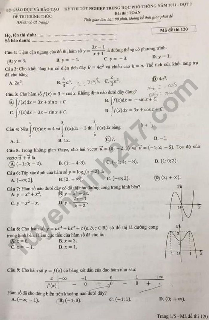 De thi tot nghiep THPT 2021 mon Toan - Dot 2 ma de 120