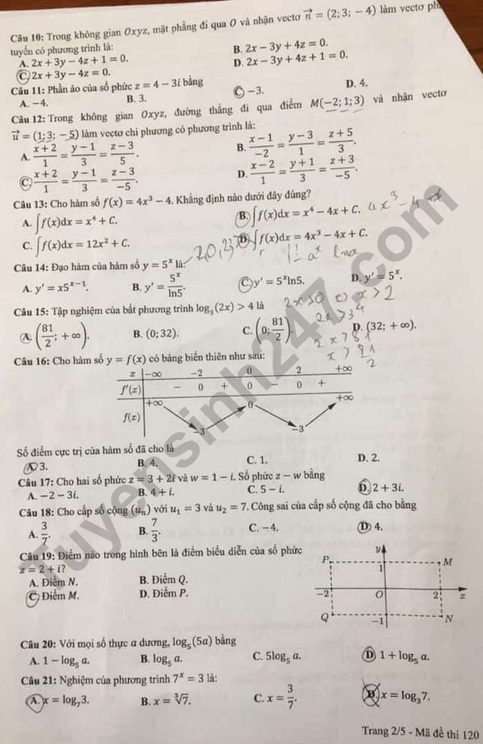 De thi tot nghiep THPT 2021 mon Toan - Dot 2 ma de 120