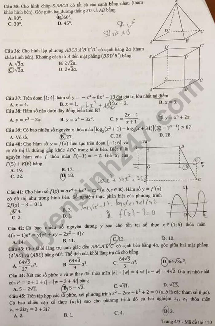 De thi tot nghiep THPT 2021 mon Toan - Dot 2 ma de 120