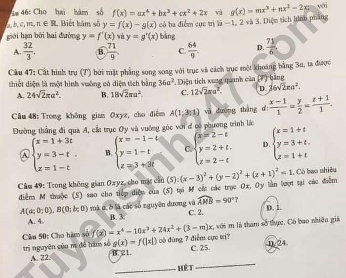 De thi tot nghiep THPT 2021 mon Toan - Dot 2 ma de 120