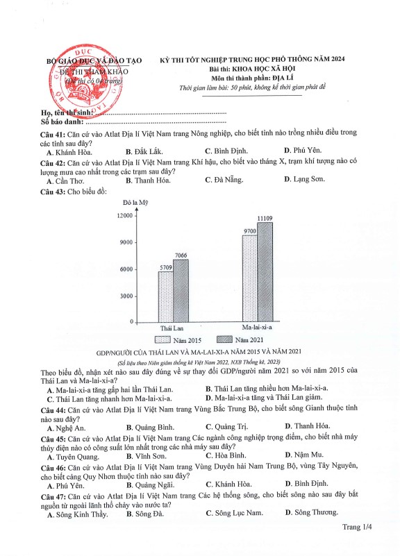 đề thi minh họa môn địa