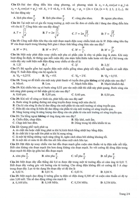 đề thi tham khảo môn vật lí